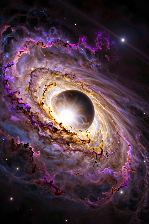 A swirling cosmic nebula with vibrant purple and gold hues surrounding a bright central light.