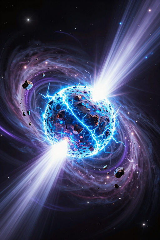 A dramatic cosmic explosion of a blue glowing planet amidst swirling nebulae and space debris.