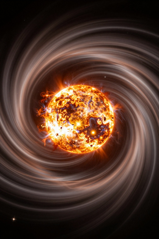 A glowing orange sun swirling within a dark cosmic vortex.