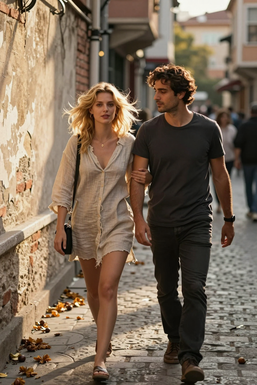 A young couple walks together down a sunlit cobblestone street.