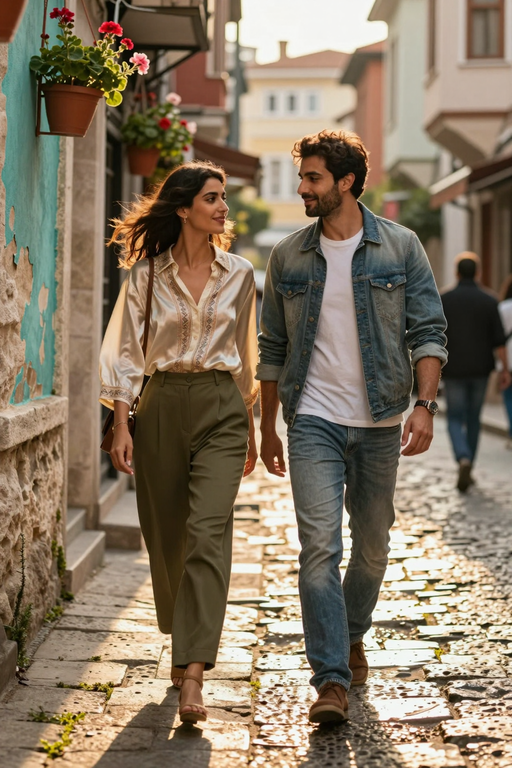 A smiling young couple walks together down a sunlit cobblestone street.