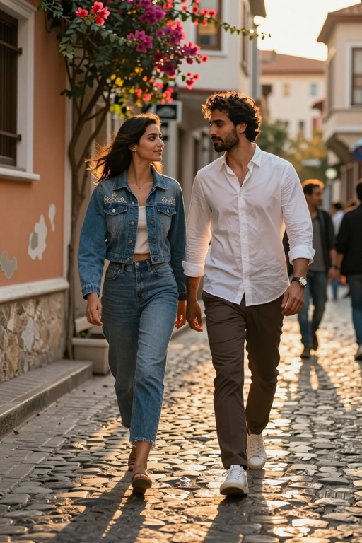 A young man and woman walk together down a sunlit cobblestone street.