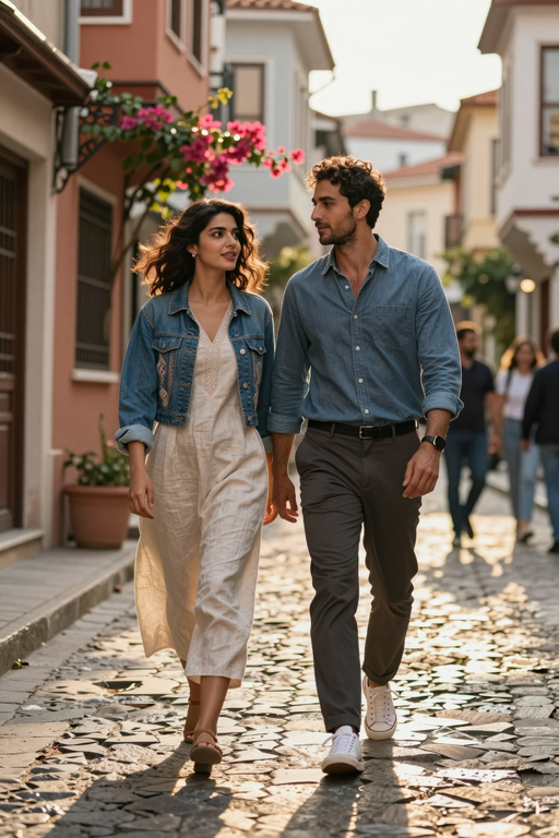 A young couple walks hand in hand down a sunlit cobblestone street.