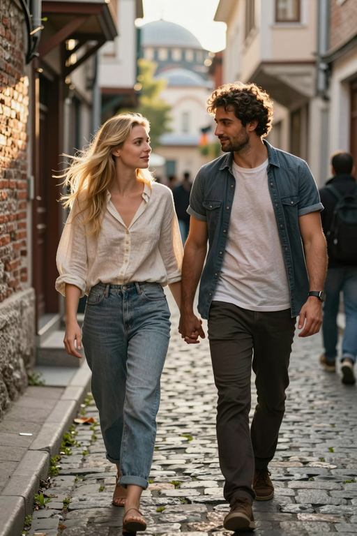 A happy young couple walks hand in hand through a charming cobblestone street.