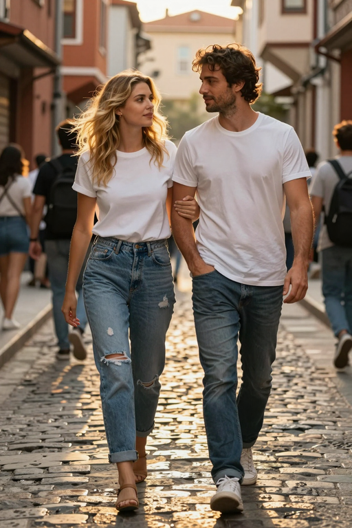 A young man and woman in white t-shirts and jeans walk together down a cobblestone street.