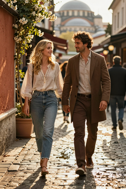 A stylish young couple walks together down a sunlit cobblestone street.