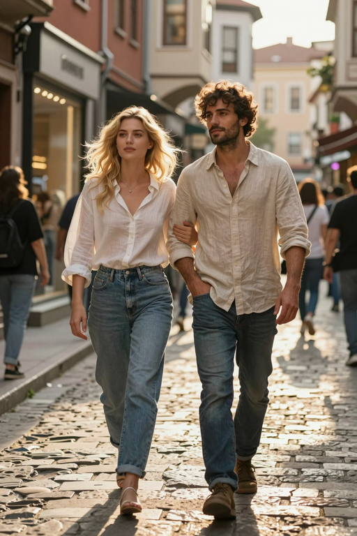 A stylish young couple walks together down a sunlit cobblestone street.