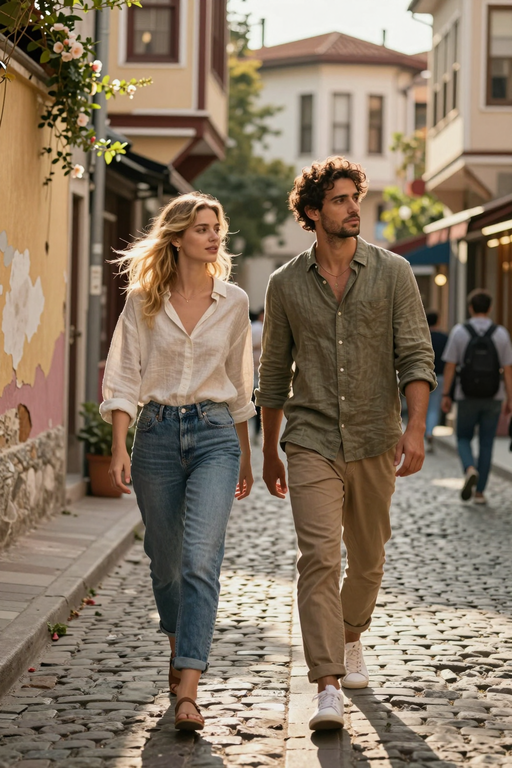 A stylish young couple walks together down a charming cobblestone street.