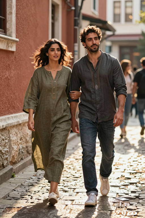A young man and woman walking together down a sunlit cobblestone street.