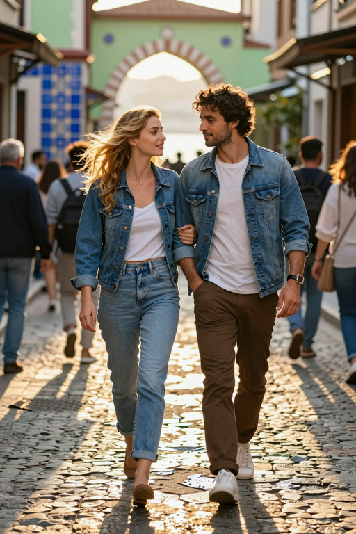 A happy young couple walks together down a sunlit cobblestone street wearing denim outfits.