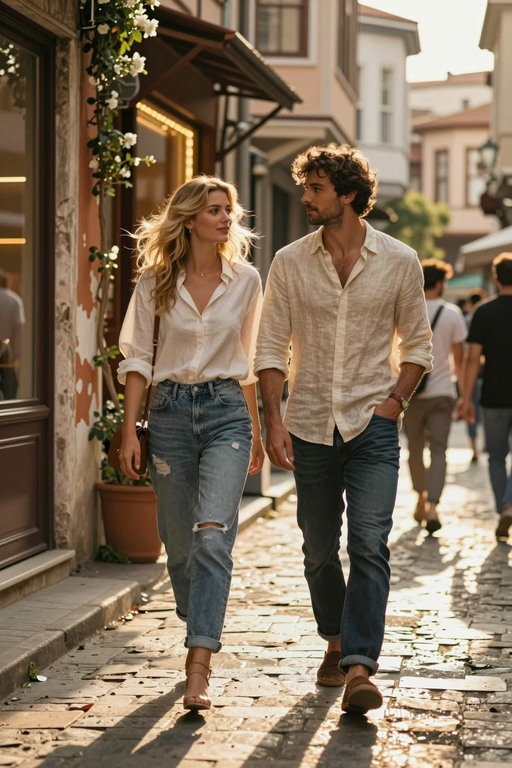 A stylish young couple walks together down a sunlit cobblestone street.