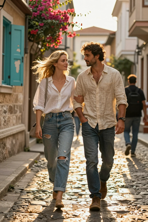 A young couple walks together down a sunlit cobblestone street wearing casual summer clothing.