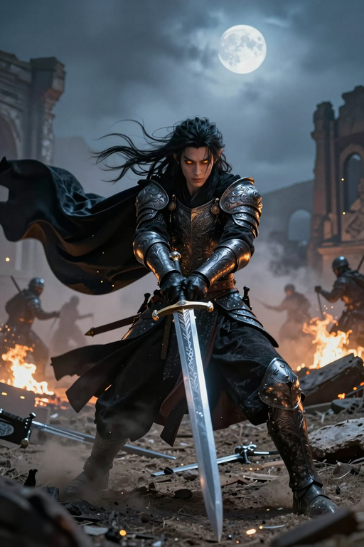 A dark fantasy warrior in ornate armor stands ready for battle under a full moon amidst flames.
