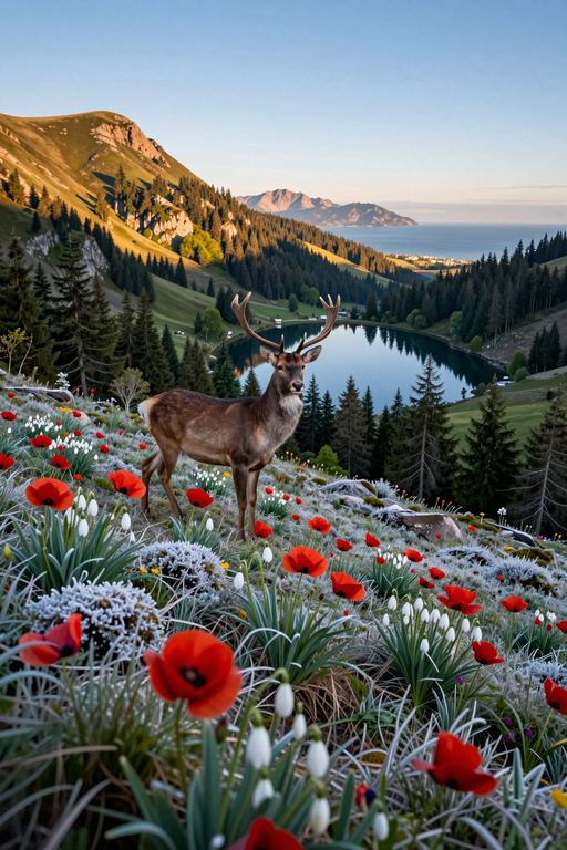 A majestic deer stands in a lush alpine meadow filled with red flowers overlooking a serene mountain lake.
