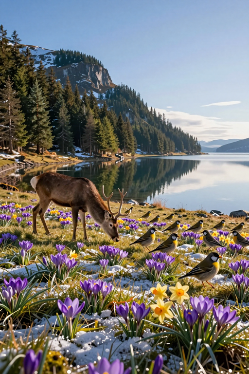A deer and small birds graze among purple crocuses by a serene mountain lake.