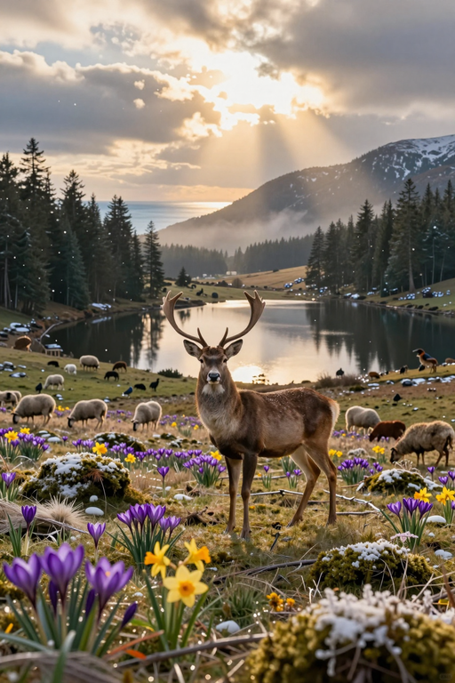 A majestic deer stands in a field of spring crocuses under dramatic sunlit mountain clouds.