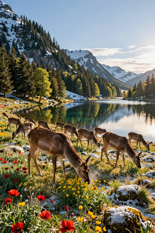 Un troupeau de cerfs paît dans une prairie de montagne luxuriante près d'un lac alpin serein.