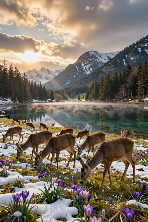 A herd of deer grazes in a snowy alpine meadow near a misty lake at sunset.