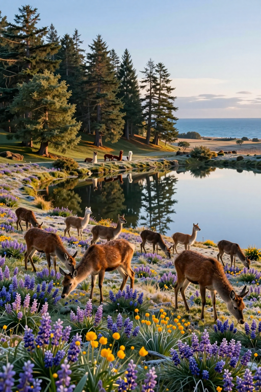 A peaceful herd of deer grazes in a flowering meadow near a reflective lake and pine forest.