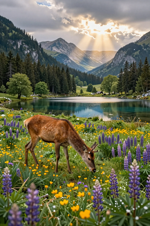 A herd of spotted deer grazes in a lush mountain meadow near a calm alpine lake.