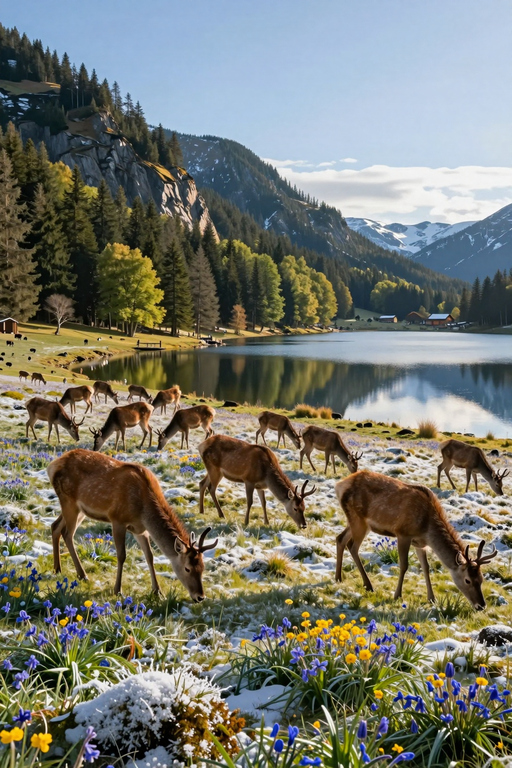 Eine Hirschherde grast auf einer verschneiten Almwiese in der Nähe eines ruhigen Bergsees.