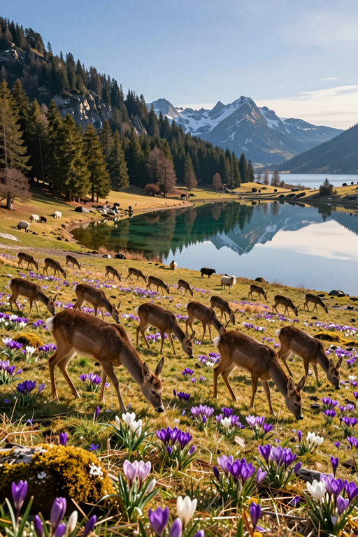 A group of deer grazing in a lush meadow filled with purple crocuses near a mountain lake.