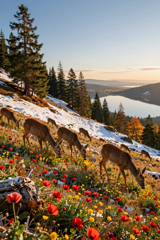 A group of deer grazing in a mountain meadow filled with colorful wildflowers and patches of snow.