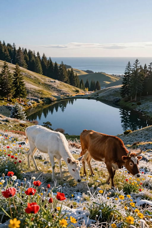 Two deer grazing in a snowy mountain meadow by a peaceful lake.
