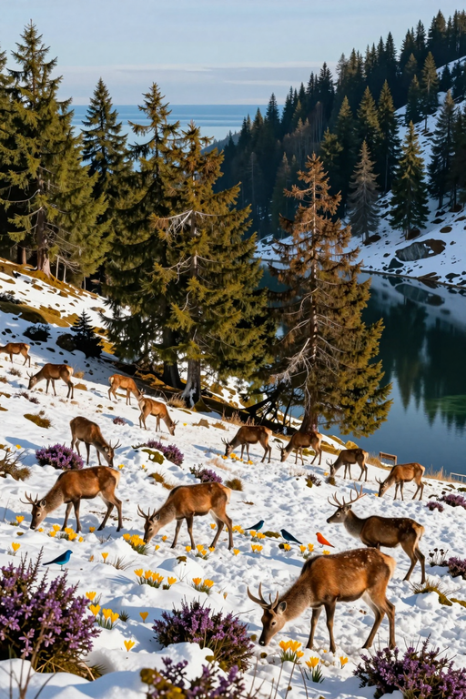 A group of deer grazing in a snowy forest near a serene mountain lake.