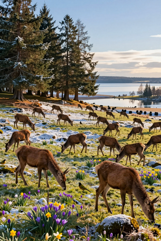A herd of deer grazing in a snowy meadow near a tranquil lake and pine forest.