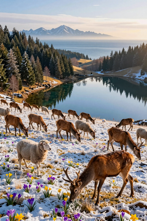 A herd of deer grazes on a snowy hillside overlooking a serene mountain lake.