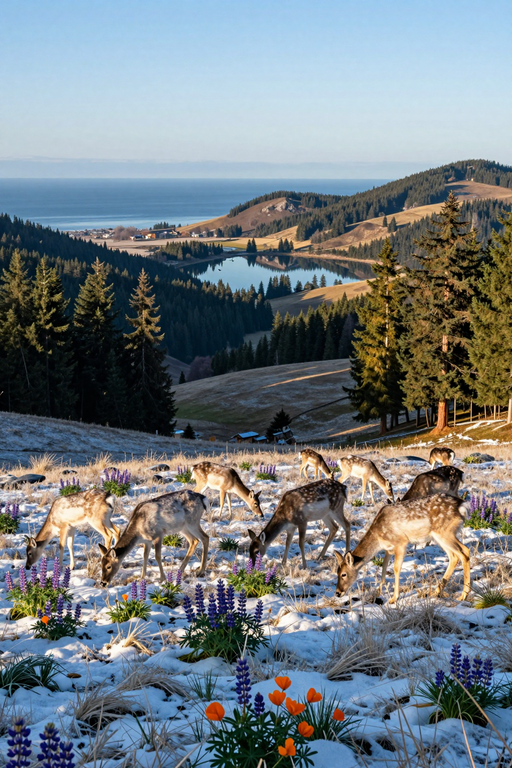 A group of young deer grazing in a snowy mountain landscape near a serene lake.