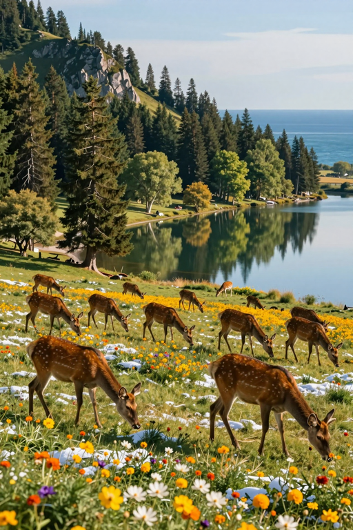 A herd of deer grazing in a beautiful wildflower meadow by a serene lake.