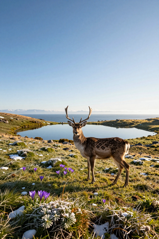 A majestic deer stands in a grassy mountain meadow overlooking a serene alpine lake.