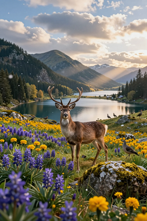 A majestic deer stands in a vibrant meadow of wildflowers with mountains and a lake in the background.