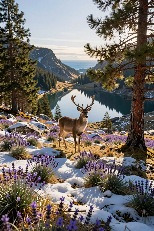 A majestic buck stands in a snowy alpine meadow overlooking a serene mountain lake.
