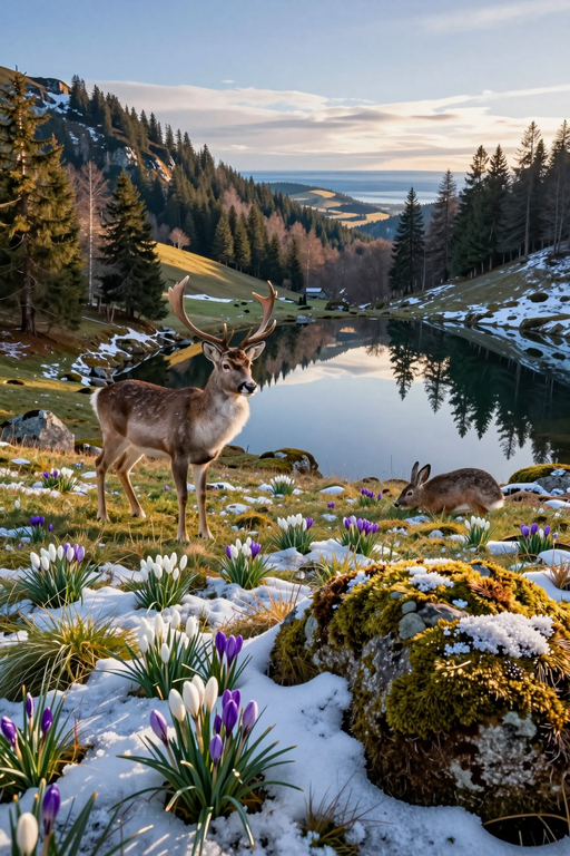 A majestic deer stands in a snowy mountain landscape near a calm lake with blooming spring flowers.
