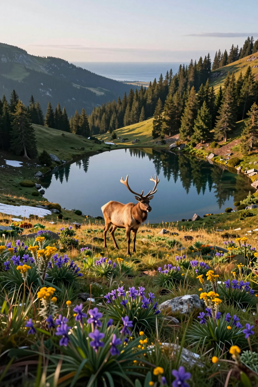Un maestoso cervo si trova in un prato fiorito che si affaccia su un tranquillo lago di montagna circondato da foreste sempreverdi.