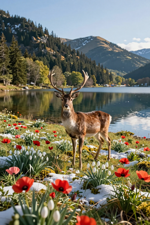 A majestic deer stands amidst red and white wildflowers near a serene mountain lake.