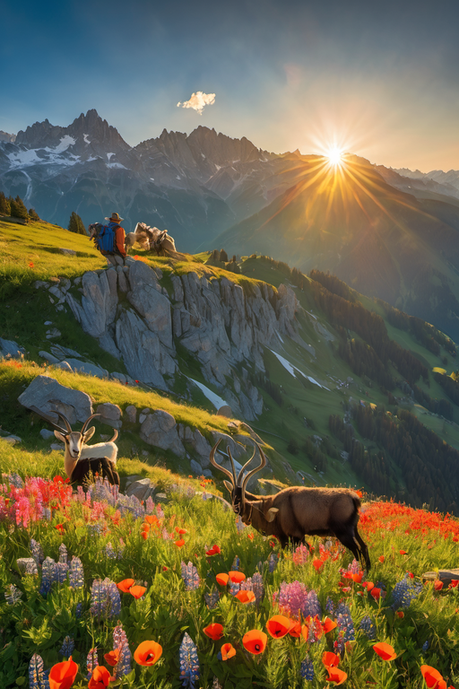 A scenic view of deer in a wildflower meadow with a hiker overlooking majestic mountains at sunset.