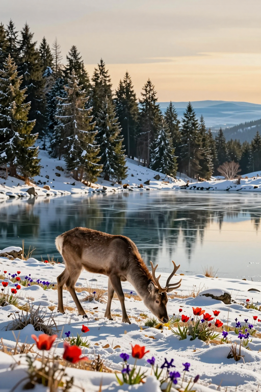 A deer grazes in a snowy landscape near a calm lake surrounded by pine trees.