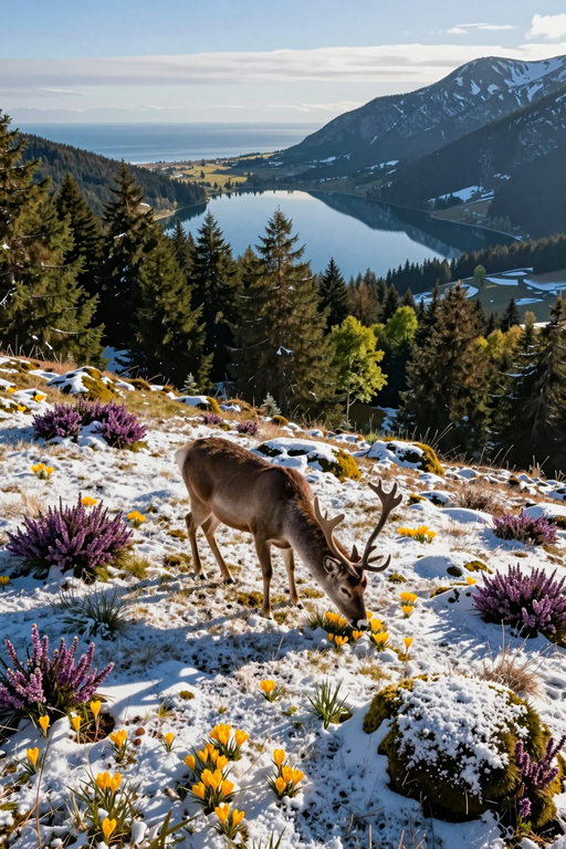 A deer grazes among spring flowers in a snowy mountain landscape overlooking a serene lake.