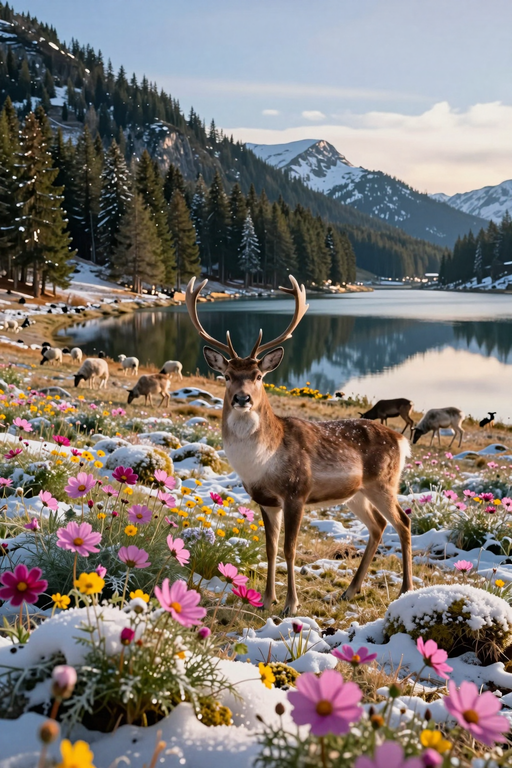 A majestic deer with antlers stands among wildflowers and snow near a mountain lake.