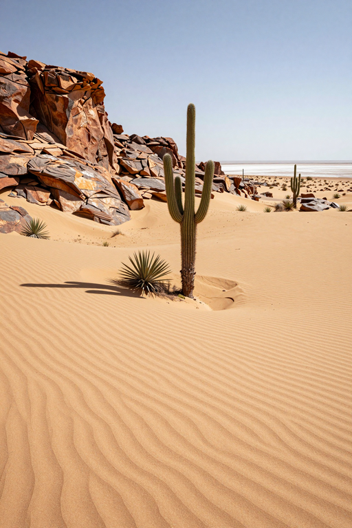 A serene desert landscape featuring sand dunes, a large cactus, and rocky cliffs under a clear blue sky.