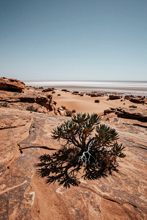 A resilient green plant grows among red desert rocks and vast sand dunes.