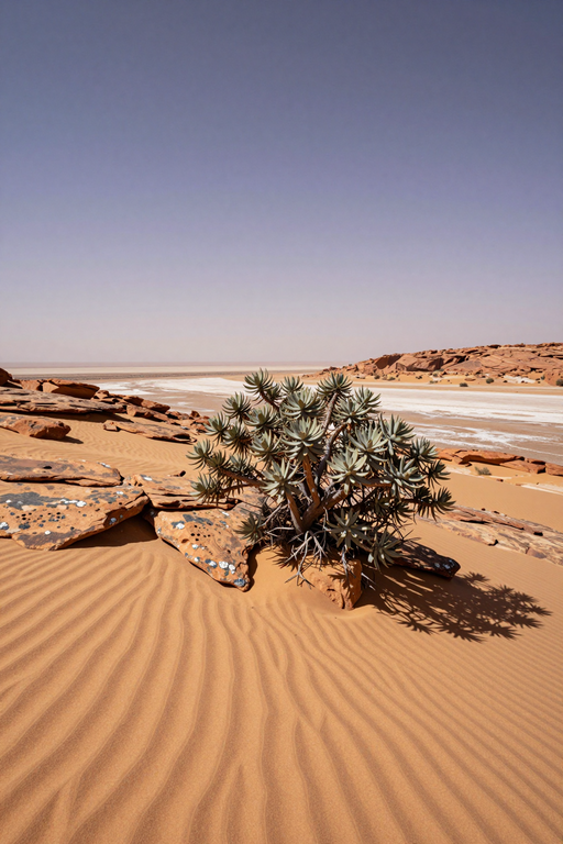 Una pianta del deserto solitaria cresce tra increspature di sabbia e un terreno roccioso sotto un cielo vasto e limpido.
