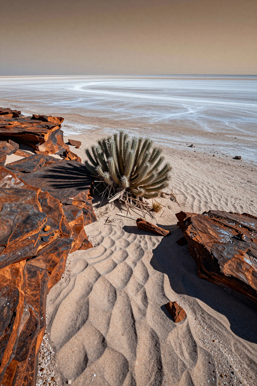 A solitary spiky plant grows amidst sand ripples and red rocks near a vast white salt flat.
