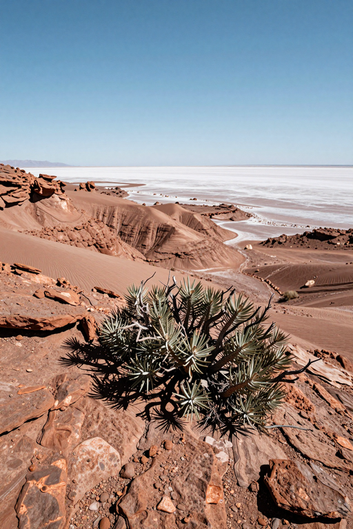 A vast desert landscape featuring reddish mountains and a white salt flat under a clear blue sky.