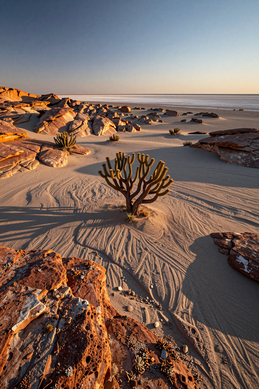 A peaceful desert landscape featuring sand ripples, rocks, and a central cactus during golden hour.