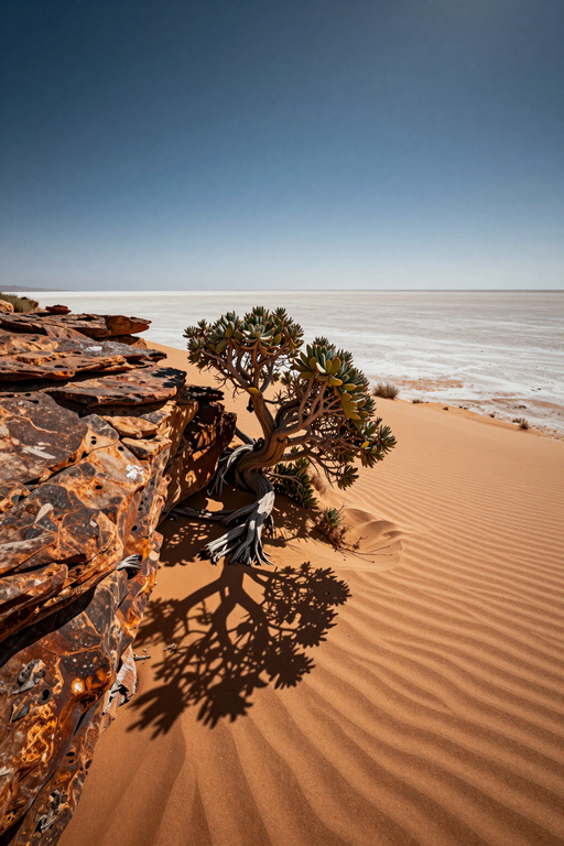 A small succulent plant grows amidst the ripples of a vast desert sand dune.